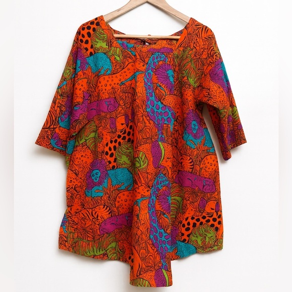 Vintage Tops - Vintage Design House Open Tie-Back Square Neck Hidden Safari Animal Top Shirt